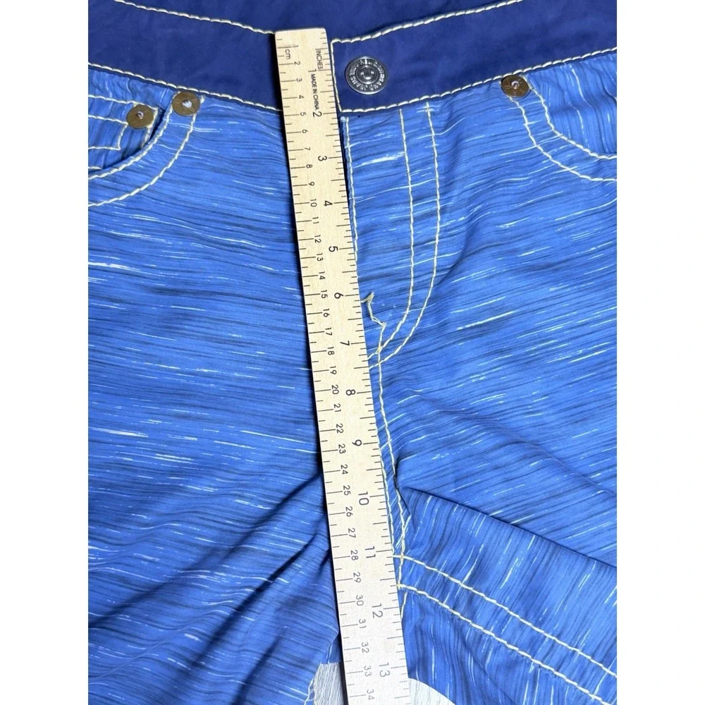 True Religion Blue Yellow Stitch Horseshoe Flap Pocket Board Swim Shorts 32